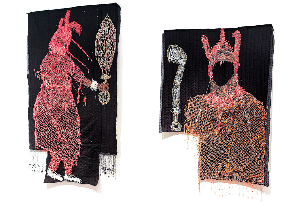 Victor Ehikhamenor, “My last dance as King before Sir Harry Rawson’s army arrived”, 2017, rosary beads on lace textile, 320x191x10 cm  Victor Ehikhamenor, “I am Ogiso, the King from Heaven”, 2017, rosary beads on lace textile, 262x177x10 cm